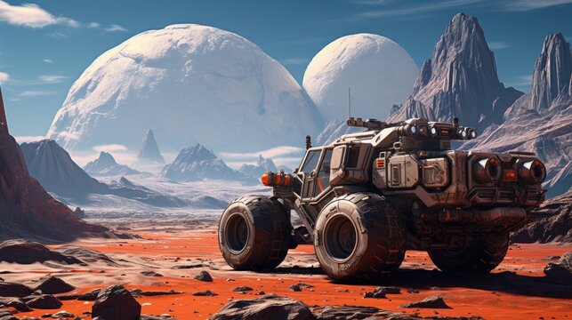 a rover exploring an alien landscape