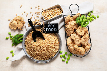 Vegan healthy food. Soy meat with beans on white background