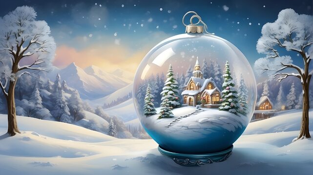 "Imagine a joyful snowman smiling from inside a Christmas bauble, suspended above a serene winter landscape. The snowman's features are depicted with artistic flair, with a quirky expression that adds