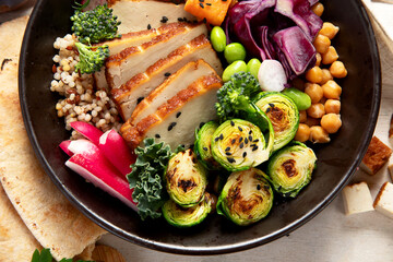 Vegan food on wooden background.  Healthy and tasty brunch