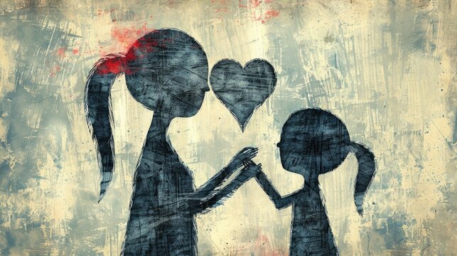 Silhouette of Mother and Daughter Holding Hands with Care Hearts Illustration. Watercolor Art on Grunge Texture Background for Mother's Day, Women's Day, Valentine's Day Banner, or Poster
