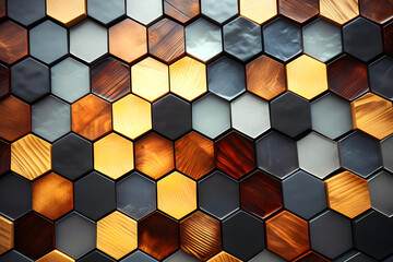 hexagonal colored mosaic background of different types of wood. abstract background geometric texture - Powered by Adobe