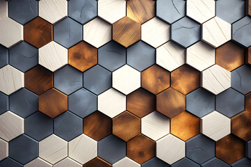 hexagonal colored mosaic background of different types of wood. abstract background geometric...