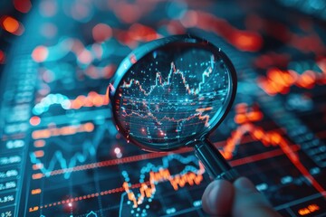 Concept for analysing the digital stock market. An abstract figure holds a magnifying lens and examines a graph chart on a technological dark blue background (1)