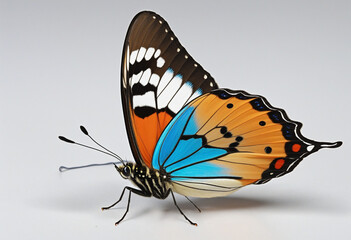 Blue white orange butterfly with spread wings cut out on transparent background colorful background