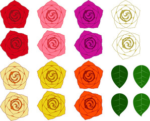7色2種の薔薇の花と2色2種の葉
