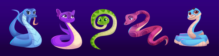Cute and funny cartoon snake character vector. Happy python, cobra and viper reptile with long tail isolated set. Crawling tropical zoo animal baby kid image design. Wild zoology mascot collection