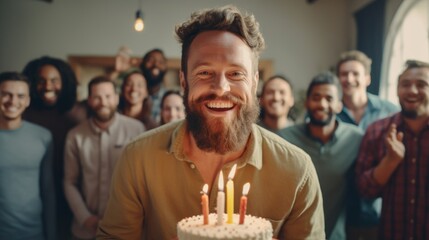 A man with a beard is holding a cake with candles and smiling - Powered by Adobe