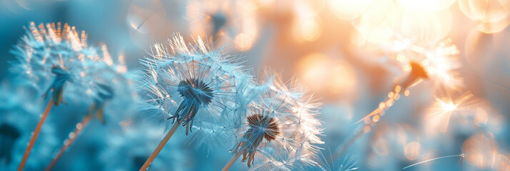 blue dandelion background. Freedom to Wish. Dandelion silhouette fluffy flower on sky. Seed macro closeup. Soft focus. Goodbye Summer. Hope and dreaming concept. Fragility. Springtime.
