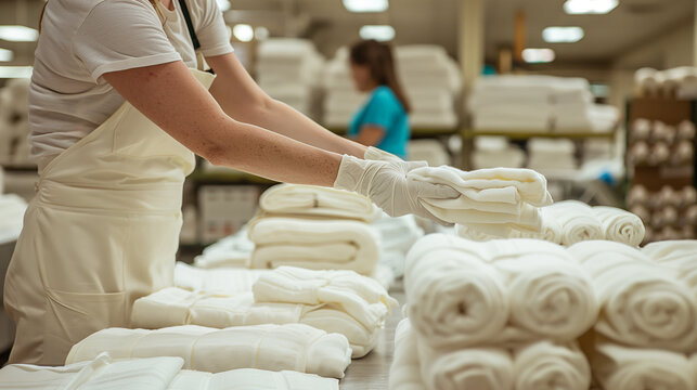 In-house personnel folding dry linen inside a commercial laundry room.