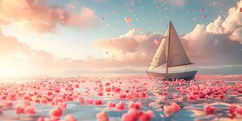 Whimsical Voyage on a Sea of Hearts A Dreamlike Sailboat Navigating the Realm of Love and Imagination