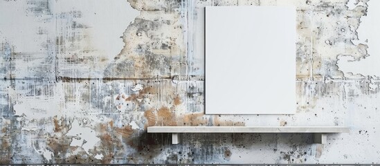 Concrete wall painted in white with a shelf and empty poster.