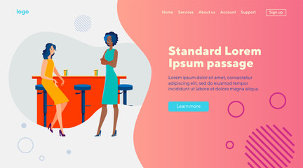 Joyful female friends meeting in bar. Women drinking and chatting in coffee shop flat vector illustration. Communication, friendship concept for banner, website design or landing web page