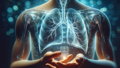 Digital x ray of human lungs holographic scan projection on blurred background .AI Generate - obrazy, fototapety, plakaty
