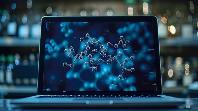 Digital visualization of a breakthrough medications molecular structure on a laptop in a lab