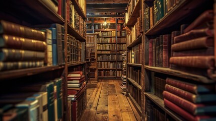 An antique bookstore interior, shelves filled with old books, warm lighting, a sense of history and...