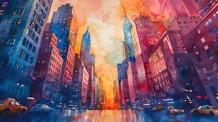 Skyscrapers in the business center. Watercolor painting illustration with grunge texture. Generative AI - obrazy, fototapety, plakaty