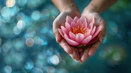 Close-up pink water lily or lotus flower with bokeh background with copy space. Happy Vesak - Buddha birthday