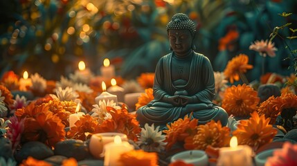 Golden Buddha statue with flower, pink bokeh background. Budha birthday concept. Happy Wesak day