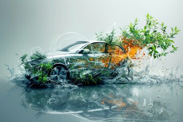 Car moves in unison with nature representing the dynamic relationship between modern technology and the natural world
