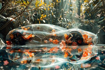 Car moves in unison with nature representing the dynamic relationship between modern technology and the natural world