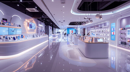 Fototapeta premium Interior of a new modern electronics store retail location in a shopping mall.