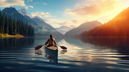 Young Woman Sitting on Boat, Rowing Exercise for Healthy Life and Relaxation in Morning Sunrise or Sunset Evening Background, 8 March, Yoga, World Health Day, Women's Day, Sports, Banner or Poster - obrazy, fototapety, plakaty