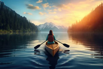 Zelfklevend Fotobehang Young Woman Sitting on Boat, Rowing Exercise for Healthy Life and Relaxation in Morning Sunrise or Sunset Evening Background, 8 March, Yoga, World Health Day, Women's Day, Sports, Banner or Poster © RBGallery