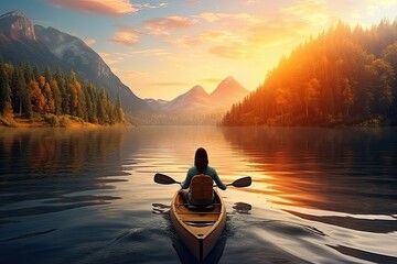 Young Woman Sitting on Boat, Rowing Exercise for Healthy Life and Relaxation in Morning Sunrise or Sunset Evening Background, 8 March, Yoga, World Health Day, Women's Day, Sports, Banner or Poster - obrazy, fototapety, plakaty