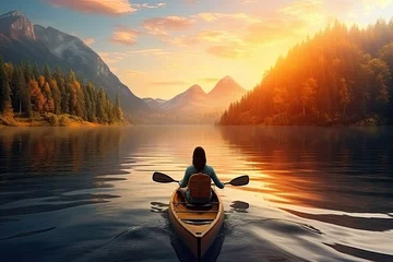 Foto op Canvas Young Woman Sitting on Boat, Rowing Exercise for Healthy Life and Relaxation in Morning Sunrise or Sunset Evening Background, 8 March, Yoga, World Health Day, Women's Day, Sports, Banner or Poster © RBGallery