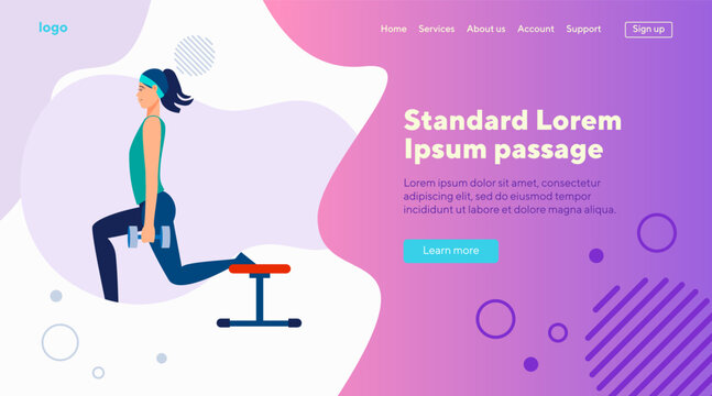 Young woman training body in gym. Lunge, dumbbell, exercising, workout flat vector illustration. Sport, activity, lifestyle concept for banner, website design or landing web page