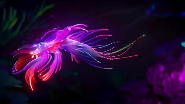 A fluorescent creature with elongated tendrils drifts gracefully through the uncharted depths its glowing features a stark contrast against the dark surroundings.