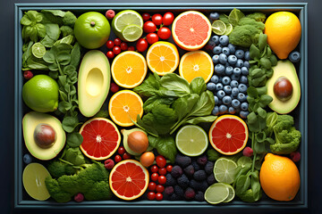 harvest different fruits berries and vegetables on a dark background. products and food. view from above