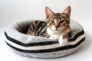 a cat in a bed with a round shape made out of felt with grey, white and black stripes