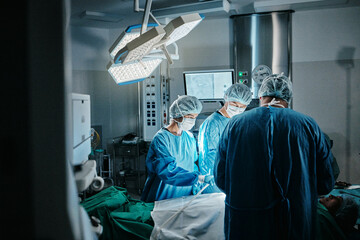 Surgery, icu or surgeons with teamwork for emergency, accident or healthcare in hospital clinic....