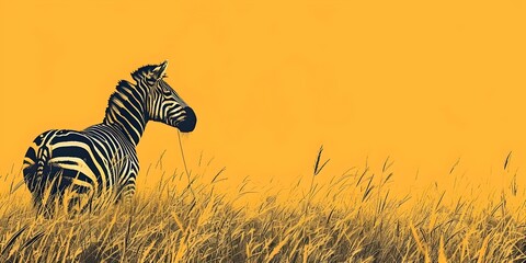Fototapeta premium Zebra Blending Into the Savanna Striped Camouflage in Serene Natural Landscape Copy Space for Design