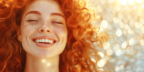 beautiful laughing red-haired young woman with long curly hair on a bright shiny bokeh background