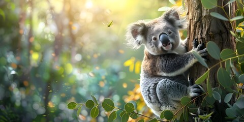 Adorable Koala Clinging to Eucalyptus Tree in Tranquil Australian Forest - obrazy, fototapety, plakaty