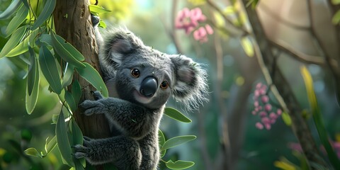 Tranquil Koala Clinging to Lush Eucalyptus Tree with Copy Space - obrazy, fototapety, plakaty