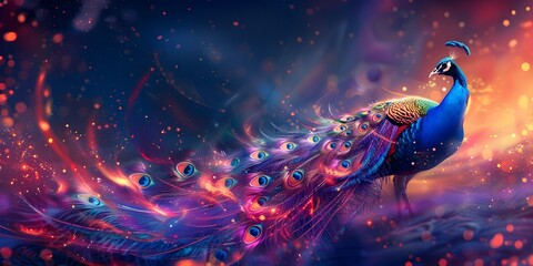 Mesmerizing Peacock Displaying Radiant Tail in Cosmic Night Sky - obrazy, fototapety, plakaty