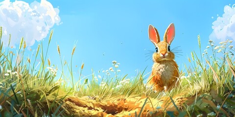 Endearing Rabbit Burrowing in Lush Meadow with Expansive Sky - obrazy, fototapety, plakaty