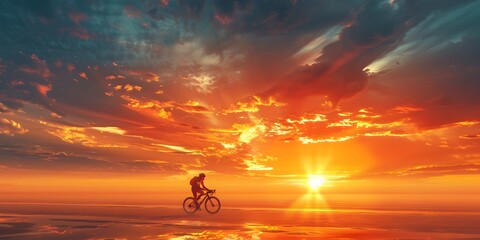 Silhouette of Cyclist Racing Vibrant Sunrise Skyline Against Dramatic Sky - obrazy, fototapety, plakaty