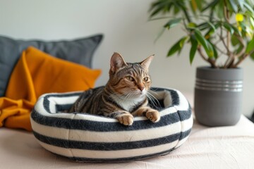 a cat in a bed with a round shape made out of felt with grey, white and black stripes
