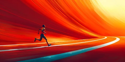 Cercles muraux Rouge Endless Running Track in a Surreal Futuristic Landscape with Glowing Lights and Gradients