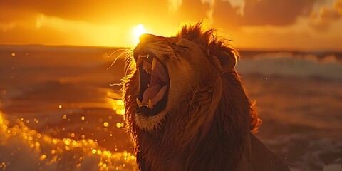 Majestic Lion Character Roaring at Dramatic Sunrise Over Ocean Waves and Clouds