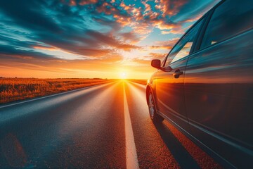 Close-up side view of Car journeying on an open road under the setting sun, the sky warm hues, encapsulating a moment of serene beauty