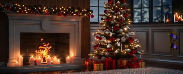 A Christmas tree with red ornaments and a fireplace with red stockings