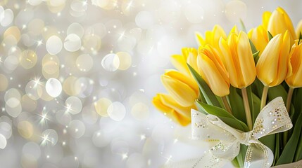 Bouquet of Yellow Tulip Flowers on White Background with Glittering Bokeh Lights. Copy Space for Mother's Day, Women's Day, Wedding, Anniversary, Birthday Greetings Card