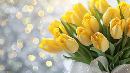 Bouquet of Yellow Tulip Flowers on White Background with Glittering Bokeh Lights. Copy Space for Mother's Day, Women's Day, Wedding, Anniversary, Birthday Greetings Card