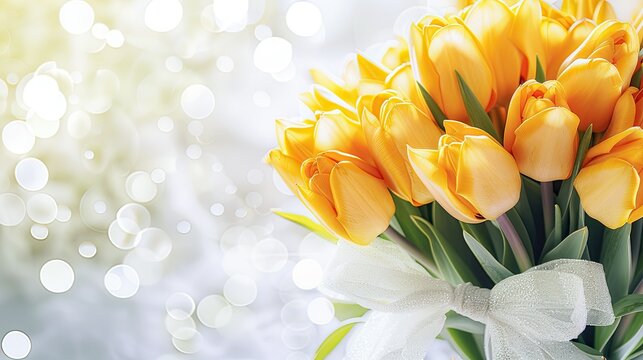 Bouquet of Yellow Tulip Flowers on White Background with Glittering Bokeh Lights. Copy Space for Mother's Day, Women's Day, Wedding, Anniversary, Birthday Greetings Card